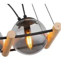 Globo Hanglamp hanglamp eettafellamp, 4 vlammen in hoogte verstelbaar, rookglas metaal zwart hout bruin, E14 stopcontacten, LxBxH 75x22x120cm
