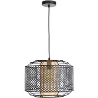 Nowa Hanglamp Hanglamp eettafel Woonkamerlamp Keukenlamp, metalen raster zwart cilinder goudkleurig, 1x E27, H 150 cm