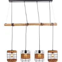 Nowa Hanglamp Woonkamerlamp Eetkamerlamp Plafondlamp, metaal hout gras weven, raster kappen 4 vlammen E27, LxH 120x150 cm