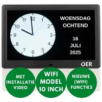 OER Dementieklok - Groot Scherm (10 Inch) - Kalenderklok voor Senioren - Automatische Wissel Zomer en Wintertijd - Digitaal & Analoog - Schrijf Eigen Meldingen/Alarmen - Extra Wifi Functies - Zwart
