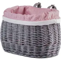 TheWickerStories The Wicker Stories – Rieten fietsmand grijs met pastelroze voering – 2 leren riemen van 21 cm – Handgemaakt in Europa – Grijs / Pastelroze