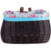 TheWickerStories The Wicker Stories – Rieten fietsmand donkerbruin met bloemenvoering – 2 leren riemen van 21 cm – Handgemaakt in Europa – Donker / Blauw