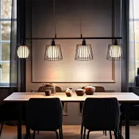 Nowa Hanglamp eettafel lamp 4 vlammen hanglamp woonkamer lamp, zwart metalen rooster, witte glazen bol, 4x E14, BxH 90 x 150 cm