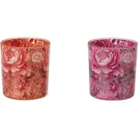J-Line theelichthouder Bloemen - glas - oranje/roze - small - set van 2