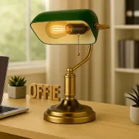 Globo Bureaulamp Bankerlamp Tafellamp antiek messing glas groen Leeslamp, draaibare kap, trekschakelaar, 1x E27 fitting, LxH 26,5x36 cm