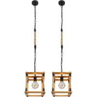 Globo Lighting Hanglamp hout eetkamerlamp henneptouw hanglamp houten frame, metaal zwart natuurlijke kleur, 1x E27, LxBxH 25x25x120 cm, set van 2