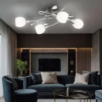 Globo Plafondlamp Woonkamerlamp Spotlamp, 4 vlammen, decoratieve bladeren glas opaal chroom, E14 stopcontacten, LxB 70x25cm