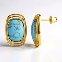 Cavill - Zilveren Oorbellen met 7 Karaat Turkoois - 925 Sterling Zilver Goudverguld - Elegante Rechthoekige Cabochon Bezelzetting - 14x10 mm