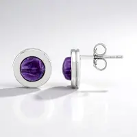 Cavill - Zilveren Oorbellen - 925 Sterling Zilver Gerhodineerd - 2x Paarse Russische Charoiet Cabochon 6 mm - 1,479 ct - Elegante Ronde Oorsteker