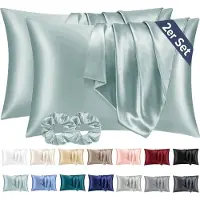Famanu - Satijnen kussenslopen 50x70 cm lichtgroen set 2, zijdeachtig zacht voor haar en huid, envelopsluiting met 2 haarbandjes