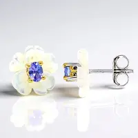 Cavill - 925 Sterling Zilveren Oorbellen met 0,36 ct Ovale Tanzaniet en 10 mm Parelmoer - Elegant Bloemvormig Design