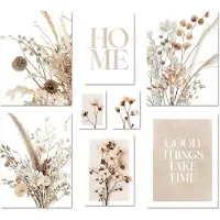 Famanu – Poster Set Beige Gedroogde Bloemen - 8 moderne wanddecoraties - woonkamer - slaapkamer