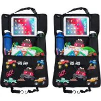 Famanu – 2 x kinderautostoel - rugleuningbescherming - organizer - verstelbare tablettas - Monster Truck - 70 x 45 cm + bekerhouder + opbergnet