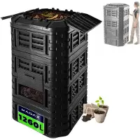 Kadax Module-composteersysteem, snelcomposter van kunststof, compostbak met drukknopen, zwarte thermocomposter met inklapbaar deksel (1260L)
