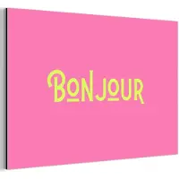 MuchoWow Aluminium schilderij 90x60 cm - Wanddecoratie metaal - Roze - Groene Bonjour - art-deco - Metalen muurdecoratie woonkamer - Decoratie industrieel - Foto op dibond - Industriële accessoires slaapkamer