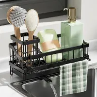 Famanu – Smalle spoelbak organizer – Gootsteen organizer met afvoerpan en doekhouder – Zonder boren – Zwart