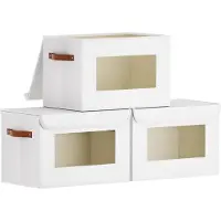 Famanu – Set van 3 opvouwbare stoffen opbergdozen met deksel en kijkvenster wit 38x25x25