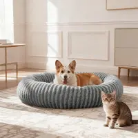 Famanu Ronde hondenmand voor kleine honden – Wasbaar, met een vachtlook van teddypluche en een afneembare hoes. Ook geschikt als kattenmand. Antislipbodem