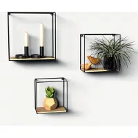 Famanu - Industrieel wandrek set van 3, hout en zwart metaal, zwevende wandkasten voor woonkamer of keuken