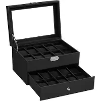 Famanu horlogebox met glazen deksel - 2 niveaus, met uitneembare kussentjes
