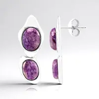 Cavill - Zilveren Oorbellen - 925 Sterling Zilver Gerhodineerd - Paarse Ovale Charoiet Cabochon 5,83 ct - Elegante Dames Sieraden 27 mm