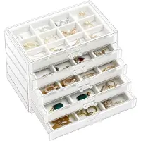 Famanu – Acryl sieradenorganizer met vijf lades, stapelbare oorbelhouder met verstelbare trays, transparant