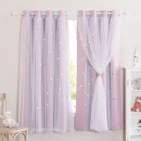 Famanu – Gordijnen voor kinderkamer - voor meisjes - set van 2 dubbellaagse verduisteringsgordijnen - holle sterren en voile - decoratie - kort - H 160 x B 132 cm - roze en paars