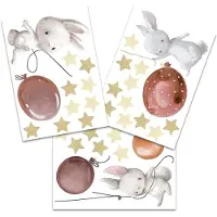 Famanu - Muursticker sticker waterverf dieren met naam muur tattoo voor kinderkamer babykamer speelkamer muurdecoratie meisje jongen konijntjes met ballonnen Aardetinten