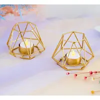 Famanu - Set van 2 metalen zeshoekige theelichthouders, geometrisch ontwerp, ijzeren holle kandelaars voor vintage bruiloft, woondecoratie, gouden kerstkandelaar, Halloween (S + S)
