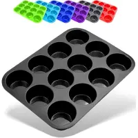 Famanu - Muffin Bakvorm Silicone, 12 Holtes, Antiaanbaklaag, Cupcake, Brownies, Muffins Vorm, Zwart