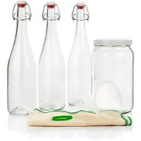 Famanu - Probiotische Drankenset | Kombucha, Kefir, Bier | 2L Groot Glas | 3 Glazen Flessen 750ml met Luchtdichte Sluiting | Trechter & Mousseline, Kleurloos, Glas Kunststof