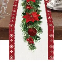 Famanu - Tafelloper, rood linnen kersttafellopers tafelkleed met rode bloem kerstboomklokken print, diner kersttafeldecoratie voor kersttafel...