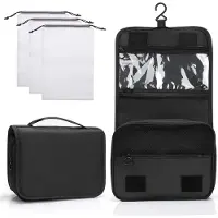 Famanu - Hangende Reistoilettas Opvouwbare Toilettas voor Vrouwen & Mannen Make-up Tas met Draaggreep en Haak,Meerdere Compartimenten,Geschikt voor korte trips, uitstapjes (Zwart+Gebroken Wit)