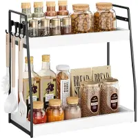 Famanu – Vrijstaande metalen opbergplank met houten leggers en haken, compacte organizer voor keuken badkamer kantoor en onderkast, wit