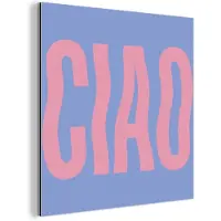 MuchoWow Aluminium schilderij 20x20 cm - Wanddecoratie metaal - Ciao - Roze - Blauw - Golvend - Metalen muurdecoratie woonkamer - Decoratie industrieel - Foto op dibond - Industriële accessoires slaapkamer