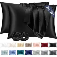 Famanu - Satijnen kussenslopen 50x80 cm zwart set 2, zijdeachtig zacht voor haar en huid, envelopsluiting met 2 haarbandjes