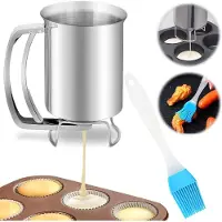 Famanu - Deegdispenser RVS 800 ml, handmatige beslagdispenser met deksel en schaal voor muffins en cupcakes, keuken bakgereedschap