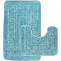 Famanu – Anti - slip badmat in Griekse stijl - Set van 2 badmatten - Inclusief 1 badmat (50 × 80 cm) en 1 toiletmat (50 × 40 cm) - Teal