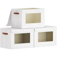 Famanu – Set van 3 opvouwbare stoffen opbergdozen met deksel en kijkvenster wit 45x30x30