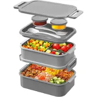 Famanu – Lunchbox Volwassenen - 2130 ml Bento-lunchbox met grote capaciteit en vakken - 3 lagen lekvrije bentobox voor kantoor - school (grijs)