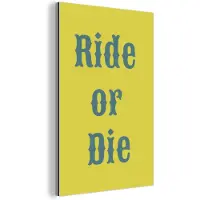 MuchoWow Aluminium schilderij 100x150 cm - Wanddecoratie metaal - Ride or die - Geel - Blauw - Metalen muurdecoratie woonkamer - Decoratie industrieel - Foto op dibond - Industriële accessoires slaapkamer