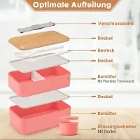 Famanu - Lunch Box Adults,1400ml Japanse Bento Box met vakken,Lunchbox voor Volwassenen,Lunch Container Japans Broodtrommel met Bestek,Snackbox Sandwichbox Brotdose mit Fächern(Roze)