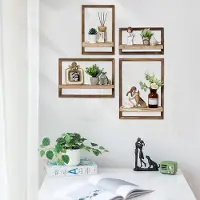 Famanu - Wandrek, hout, wanddecoratie voor de woonkamer, set van 4, wandplanken, zwevende planken, wandplank, rustieke wanddecoratie voor de slaapkamer (bruin)