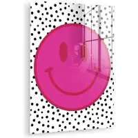 MuchoWow Glasschilderij 120x160 cm - Schilderij acrylglas - Smiley - Roze - Stippen - Foto op glas - Muurdecoratie woonkamer - Wanddecoratie slaapkamer - Schilderijen