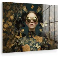 MuchoWow Glasschilderij 160x120 cm - Schilderij acrylglas - Vrouw - Bladeren - Goud - Vlinders - Foto op glas - Muurdecoratie woonkamer - Wanddecoratie slaapkamer - Schilderijen