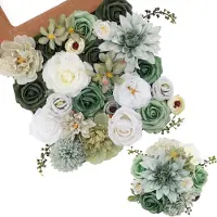 Famanu – Groene kunstbloemen - combi - kunstrozen - kunstmatige dahlia - bloemen met stelen voor doe - het - zelf - bruiloft - bruidsboeket - feest - woondecoraties