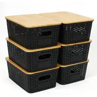 Famanu – Kunststof opbergmand met bamboedeksel en handgreep – Organizer voor plank, lade en bureau – Zwart
