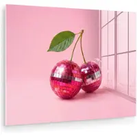 MuchoWow Glasschilderij 160x120 cm - Schilderij acrylglas - Disco - Kersen - Roze - Foto op glas - Muurdecoratie woonkamer - Wanddecoratie slaapkamer - Schilderijen