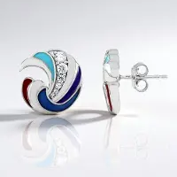 Cavill - 925 Sterling Zilver Oorbellen met Platinering - 0,40 ct Cambodjaanse Zirkonen Rondgeslepen - Elegant Golfpatroon - Kleurrijke Kliksluiting