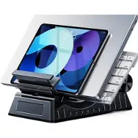 Famanu - Opvouwbare laptopstandaard met draaibare houder en extra accessoireblad voor DJ iPad of gaming